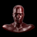 3D rendering. Faceted red robot face with black eyes looking front on camera.