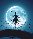 Fairy flying in a magical night surrounded by flock butterflies in moonlight