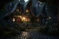 3d rendering of a fairy tale house in the forest at night, AI Generated Royalty Free Stock Photo