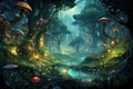 3D rendering of a fairy tale scene in the middle of the forest, AI Generated Royalty Free Stock Photo