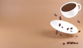 3D rendering falling of coffee cup and coffee beans for copy space on brown background