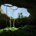 3d illustration of a fantasy cave entrance with a colorful sky