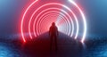 3D rendering a fantastic scene a lonely man in front of a neon red circles portal, teleport. An alien, mystical landscape, a Royalty Free Stock Photo