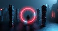 3D rendering fantastic scifi cyber reality. Alone man in helmet inside spaceship, blocks house, alien city road in front red neon