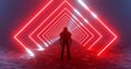 3d rendering fantastic silhouette of a lonely man in a helmet in front of luminous neon red rhombuses, portal squares, teleport. Royalty Free Stock Photo