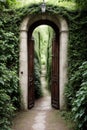 3d rendering of a fantasy doorway portal framed by green vines leading into a idyllic garden. Generative AI