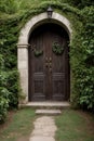 3d rendering of a fantasy doorway portal framed by green vines leading into a idyllic garden. Generative AI