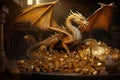 3D rendering of a fantasy dragon inside a castle with gold coins, A fantastical scene of a majestic dragon, AI Generated