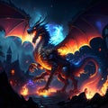 3d rendering of a fantasy dragon inside a castle at night. AI generated