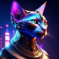 3D rendering of a fantasy Egyptian cat with blue eyes on a dark background generative AI