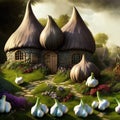 Fantasy garlic-lookalike cottage in a fairytale garden Royalty Free Stock Photo