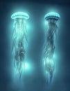 Fantasy glowing two jellyfish in deep sea waters