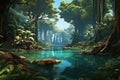 3D rendering of a fantasy green forest with a lake and trees, Game background: In 10,000 BC, the forests surrounding lakes were