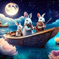 3D rendering of a fantasy fantasy scene with a couple of rabbits in a boat Generative AI