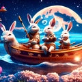 3d rendering of a fantasy scene with cute bunnies in the boat Generative AI