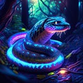 3D rendering of a fantasy snake in a dark forest with neon lights Generative AI