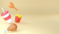 3D rendering fast food set on yellow background