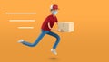 3D rendering fast speedy flying delivery man in medical mask and capes with parcel on white bg. Express shipping service provide