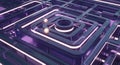 A complex 3D rendered purple maze with a central circular opening and two small white spheres creating depth and dimension Royalty Free Stock Photo