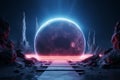 3D rendering features a moon like planet illuminated by captivating neon lights