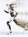 3D rendering of a female android robot dissolving while running