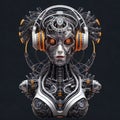 3D rendering of a female robot with headphones listening to music Royalty Free Stock Photo