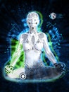 3D rendering of female robot meditating, technology concept.