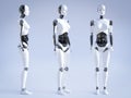 3D rendering of female robot standing, three different angles