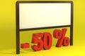 3d rendering of Fifty percent, yellow background and blank announcement.