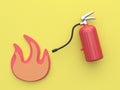Yellow background 3d rendering fire extinguisher and abstract flame icon