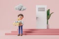 3d rendering. Fired cartoon man with grey cloud above head, office door