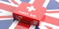 3d rendering first aid kit on UK flag background