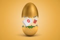 3d rendering of first aid medical box and medical pills jars hatching out of golden egg on yellow background