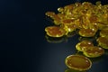 3D Rendering Fish Oil. Omega 3, omega 6, omega 9, vitamin D. Pile of capsules Omega 3 on black background, Cod Liver Royalty Free Stock Photo