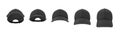 3d rendering of five black baseball caps shown in one line in a front view but in different angles. Royalty Free Stock Photo