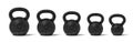 3d rendering of five black iron kettlebells in a single line with different weight stamps of 32, 24, 16, 12 and 8 kg.