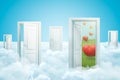 3d rendering of five doors standing on fluffy clouds, one door leading to green lawn with cute red hearts falling from