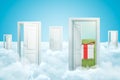 3d rendering of five doors standing on fluffy clouds, one door leading to green lawn with gift box on it. Royalty Free Stock Photo