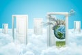 3d rendering of five doors standing on fluffy clouds, small Earth with smoking high-rise buildings emerging from one