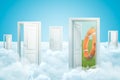 3d rendering of five doors standing on fluffy clouds under blue sky, one door leading to green lawn with big orange Royalty Free Stock Photo