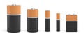 3d rendering of five standard compact batteries in black and orange color of different sizes.