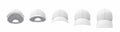 3d rendering of five white baseball caps shown in one line in a front view but in different angles.