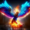 3d rendering of a flaming firebird in front of a dark background AI generated