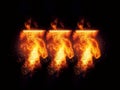 3d rendering flaming horizontal three red seven numbers and black background