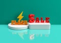3D Rendering of Flash sale with Bright Yellow Lightening Bolt on Stand, Light green background, 3 render minimal concept