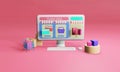 3D rendering flat illustration Online store on mobile application of computer. Premium Photo Royalty Free Stock Photo