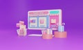 3D rendering flat illustration Online store on mobile application of computer. Royalty Free Stock Photo