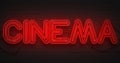 3D rendering flickering blinking red neon sign on dark brick background, cinema movie film entertainment sign