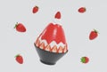 3D rendering floating bingsu shaved ice strawberries with strawberry leaf in black bowl on white background