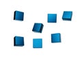 3D rendering of floating blue shiny cubes on white background.